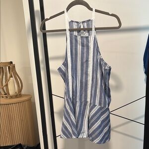 Hollister White and Blue Asymmetrical Cut-Out Tank Top